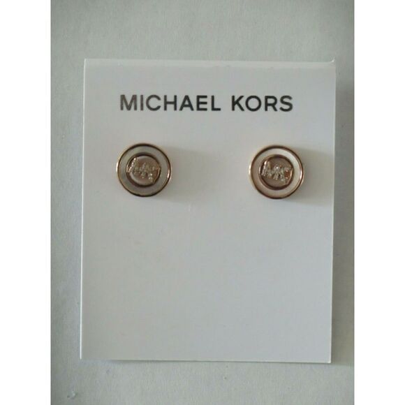 Michael Kors MKJ7764710 Monogram Mop Stud Earrings Gold Crystals MK Logo - Picture 3 of 7